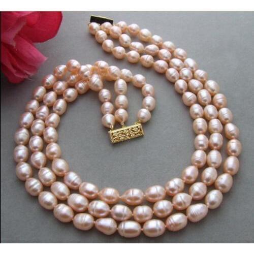 New 3 Row 10-12 mm natural pink pearl necklace17"-19"
