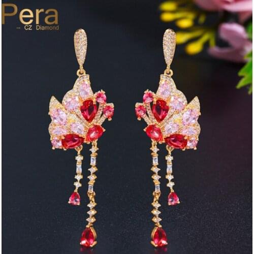 Pera Unique Flying Butterfly Long Dangling Ruby Red Cubic Zirconia Water Drop Wedding Party Dangle Earrings for Brides E602