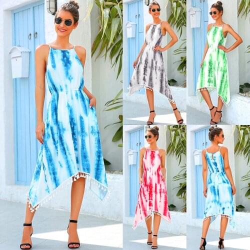 Summer Dress Women Sexy Clothes Bohemian Holiday Party Print Tassel Midi A-Line Sleeveless Spaghetti Strap Square Collar Robe