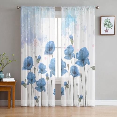 Simple Tulle Curtains Poppy Flower Elegant Ink Villa Living Room Adult Bedroom Study Gauze Fabric Balcony Decor Chiffon Curtains