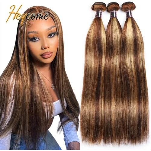 Heycome Brazilian 30 40 Inch P4/27 Highlight Straight Human Hair Bundles Colored Ombre Hair 1/3/4 Bundle Weft Hair Extensions