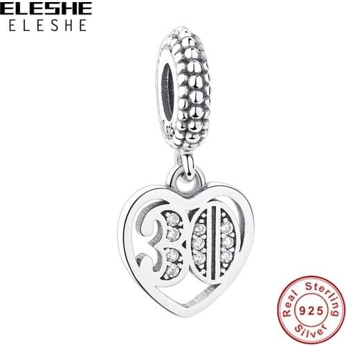 Real 925 Sterling Silver With CZ Bead 30 Years Old Age Heart Dangle Charm Fit Women DIY Bracelet Jewelry Birthday Gift
