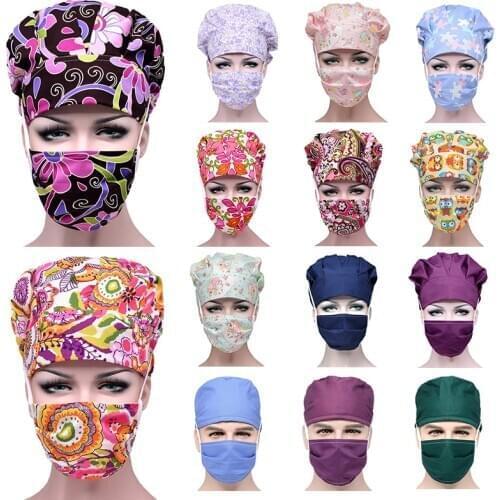 Scrub Caps Sets Cotton Adjustable Sweatband Bouffant Hats Women Flower Printed Reuseable Work Wear Washable Hats Accessories