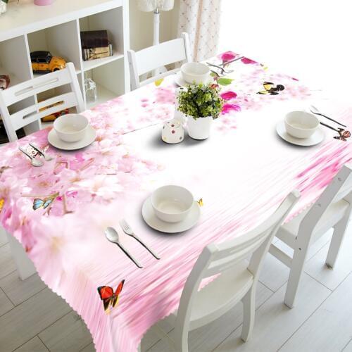 Customizable 3d Tablecloth Pink Peach Blossom&Butterfly Pattern Thicken Polyester Rectangular and Round Table cloth Home textile