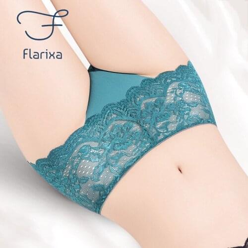 Flarixa 3Pcs Sexy Lace Womens Panties Seamless Ice Silk Mid Waist Breathable Cotton Briefs Large Size HoleTransparent Underwear