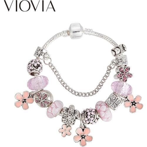 VIOVIA Hot Sale Pink Flower Charm Bracelets For Women Kid Murano Beads Lovely Brand Bracelets&Bangles Jewelry B17155