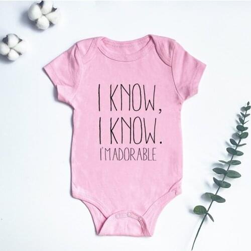 I Know I Know I'm Adorable Pink Cotton Baby Bodysuit Short Sleeved Newborn Boys Girls Clothes Cute Jumpsuit 0-24M