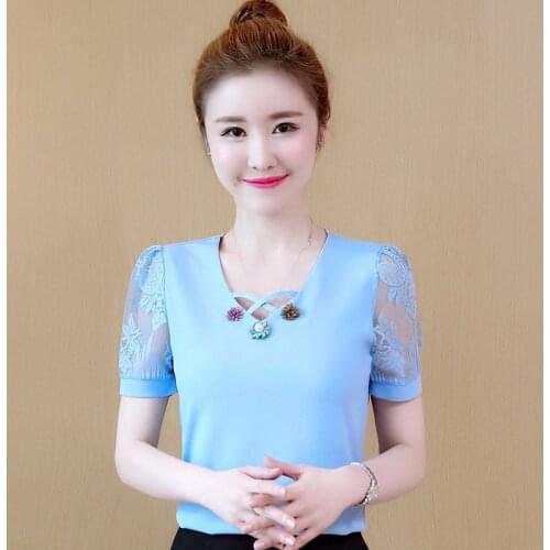 Ladies Korean Lace Patchwork Summer Chiffon Blouse Women Fashion Short Sleeve Large Size Shirts Tops Blusas Mujer
