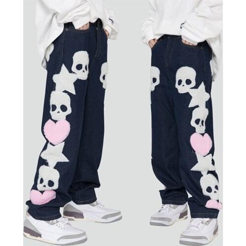 Jeans Men Furry Skull Letter Star Patches Denim Pants Autumn Casual High Street Hip Hop Jean Trousers Couple Streetwear