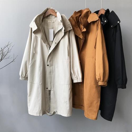2019 Autumn New Womens Casual Long Trench Coat Hooded Loose Windbreaker Harajuku Black Female Vintage Overcoat Outerwear R632