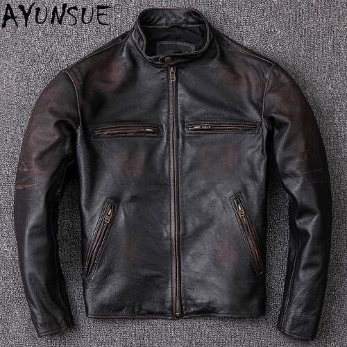 2021 Fahsion Leahter Jacket Men Stand Collar Casaul Vintage Genuine Cowhide Coat Biker Mens Clothing Chaquetas Hombre WPY3741
