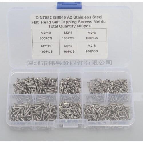 Free shipping 600 pcs 304 stainless steel m2 cross countersunk flat head self tapping screw sets