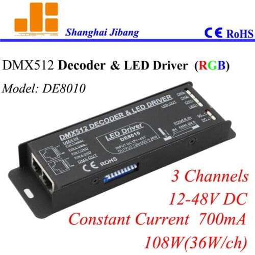 Free Shipping DMX Decoder RGB Controller, pwm LED driver, constant current 700mA, 3CH/12-48V/108W pn:DE 8010