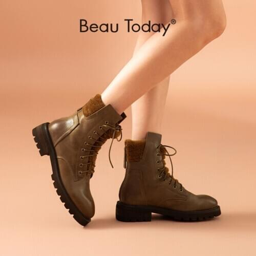 BeauToday Motorcycle Boots Women Cow Leather Lambswool Ankle Length Round Toe Back Zip Winter Ladies Shoes Handmade 04041