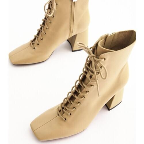 Shoes Lace Up Boots Ankle Booties Women Boots-women Low Ladies Leather 2020 High Heel Rock Fabric PU Square Toe Basic Solid