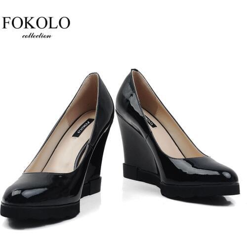 FOKOLO 2020 NEW Pumps Spring Autumn Wedges Shoes for Women Thin Heels Patent Leather Black Fashion Heels Women Tacones Mujer GP1