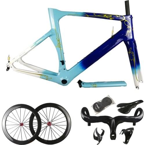 Concept Carbon Frame Sky Blue Gloosy Full Carbon Fiber Road Bike Frames Bicycle Frameset Wheelset 50mm With Novatec A271 Hubs