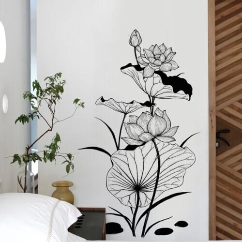 Chinese Geomantic Ink Lotus Wall Sticker Living Room Hand-painted Room Decoration Teenager Girls Room Decorative Vinyls