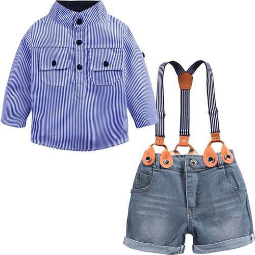2019 summer children clothing set long sleeve blouse stripe+shorts denim with suspender 2PCS outfits kid boys gentleman suits