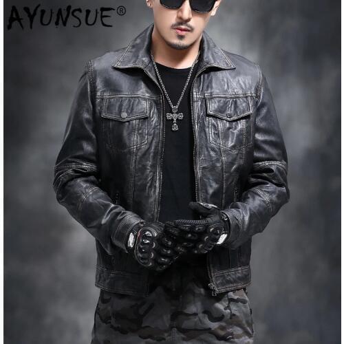 AYUNSUE Real Genuine Leather Jacket Men Sheepskin Leather Coat Motorcycle Jacket Man Vintage Slim Fit Biker Men Leather Jackets