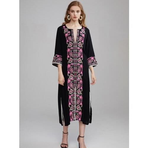 Summer new Bohemian Tourist Holiday Beach Island dress ethnic style retro Rose Embroidery V-Neck long dress