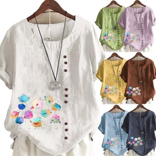 Summer New Style Casual Fashion Printed Loose T-shirt Retro Cotton and Linen O-neck Plus Size Short-sleeved Womens Blouse S-5XL