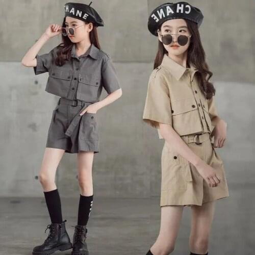 Een Girls Khaki suit for Gilrs Clothing summer Cool Short Sleeve Jacket Cargo Pants Tracksuit Kids Clothes Suit 10 12 13 Years