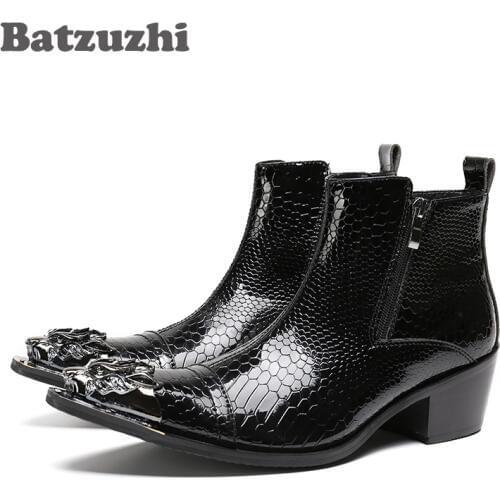 Batzuzhi POP Rock Black Men Boots Pointed Iron Toe Zipper Mens Ankle Boots Fashion Autumn Leather Men Footwear bota masculina
