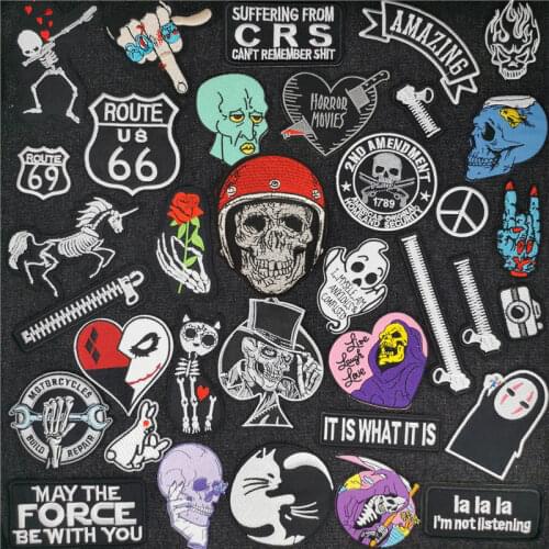 Fashion Punk Zipper Patches For Clothing Skull Heart Embroidered Badge Black White Expression Cloth Mend Decorate Iron On Patch