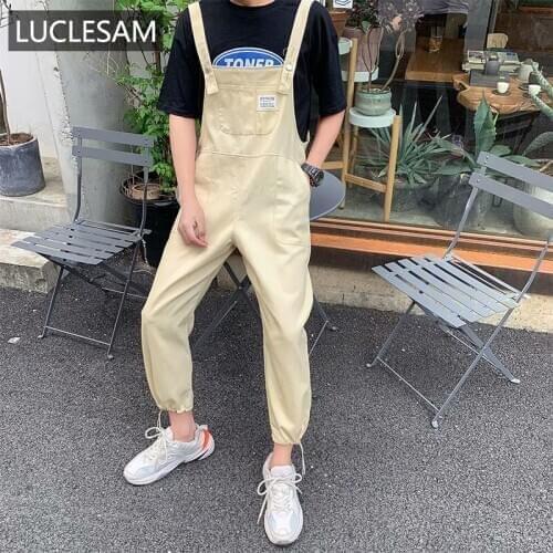 Solid Color Mens Jumpsuit Streetwear Regular Fit Bib Pants 2020 Casual Suspender Fashion Trousers Nine Points Cargo Overalls Men
