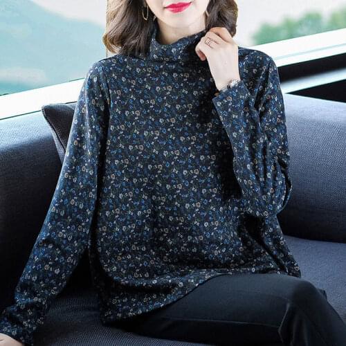 Autumn Turtleneck Ladies Tops Tunic Blouse Women Long Sleeve Floral Basic Tee Shirt Casual 2021 New