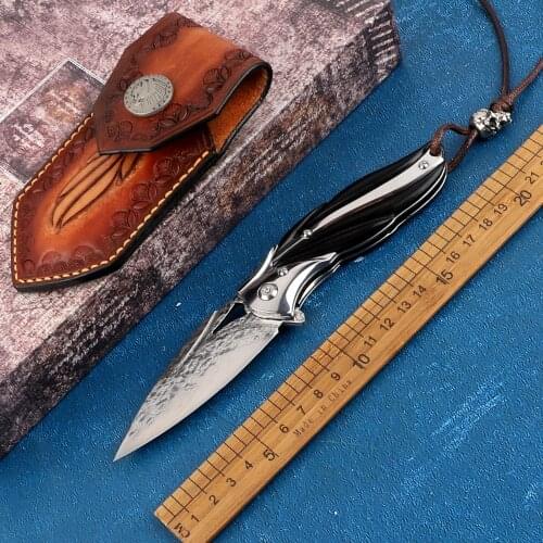 Outdoor Portable VG10 Damascus Steel Folding Knife Ebony Handle Pocket Knife With Sheath Tactical Knife Camping Survival Knife E