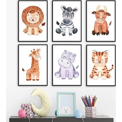 Safari Animals Wall Art Print Canvas Painting Giraffe Lion Zebra Hippo Cow Tiger Nordic Poster Wall Picture Baby Kids Room Decor
