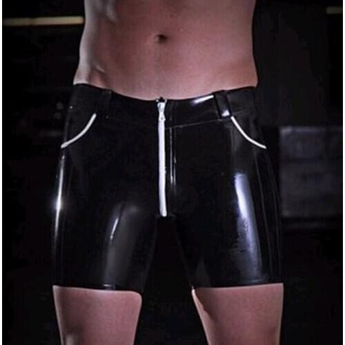 Sexy Mens Black Latex Rubber Boxer Shorts Packet Pants with Front Crotch Zipper