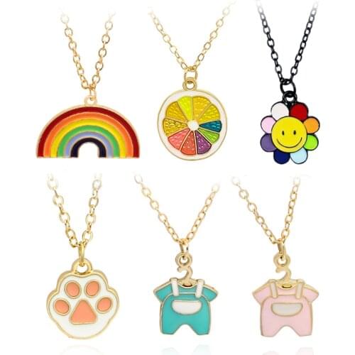Cute Rainbow Sunflower Pet paw Baby coat Alloy Necklace Pink Cats paw Smile flower Colorful Pendant Necklace Choker Women Girls