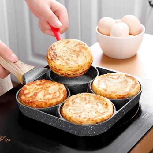 Four-hole Frying Pot Thickened Omelet Pan Black Non-stick Egg Steak Ham Pancake Wooden Handle Kitchen Cooking Breakfast Maker