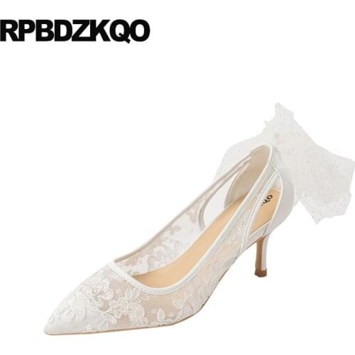 Bridesmaid Pumps Kawaii High Heels Pointed Toe New Bow Women Ivory Bridal Shoes Lace Sandals Wedding Stiletto Girls Mesh White