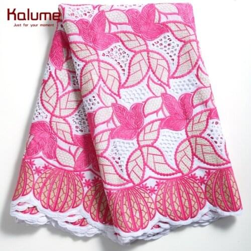 Kalume 2021 High Quality 100% Cotton Lace Fabric Hole Design Nigerian Pure Cotton Lace Fabric With Stone 5 Yards For Dress F2280