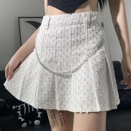 Blue White Denim Hole Mini Skirt Gothic Harajuku Hight Wasit A Line Pleated Skirts Female Sexy Summer Chain Y2K Skirt