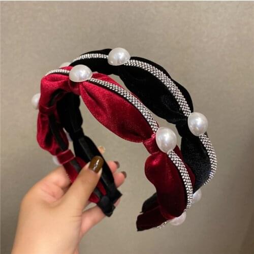 Women Girls Headband Hairband Pearl Rhinestone Fashion Wide Baroque Sponge Black Velvet Vintage Retro Hair Accessories Wholesale