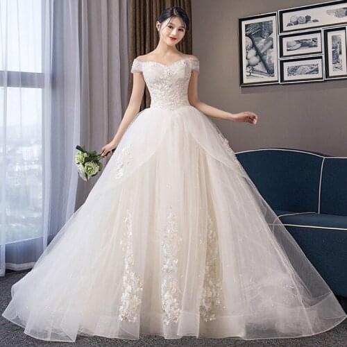 Sexy Off Shoulder Royal Train Boat Neck Ball Gown Wedding Dresses 2020 Appliques Beads Vintage Bride Gowns Vestido De Noiva 2020