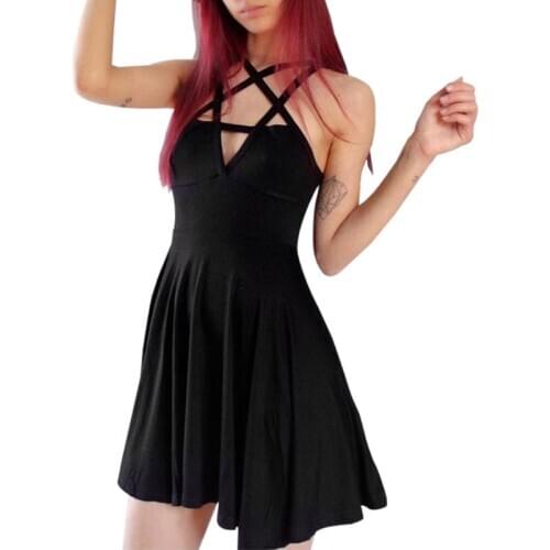 Womens Gothic Vintage Romantic Mini Black Dress Hollow Out Halter Bandage Pentagram Star Casual Sleeveless Slim Party Clubwear