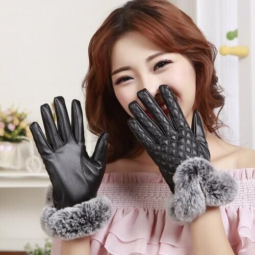 Winter Women PU Leather Gloves Autumn Winter Lady Girls Warm Rabbit Fur Mittens Black Free Shipping