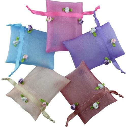 50pcs/lot 9*12 cm/3.5"*4.7" Little rose Christmas gold wedding party gift organza bags pouch can customize size logo