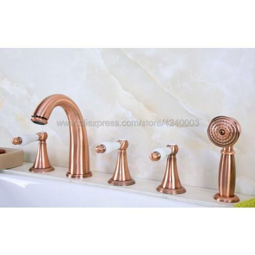 Antique Red Copper 5 pc Widespread Bathtub Sink Faucet Deck Mounted with Handshower Bathroom Roman Tub Taps Ktf209