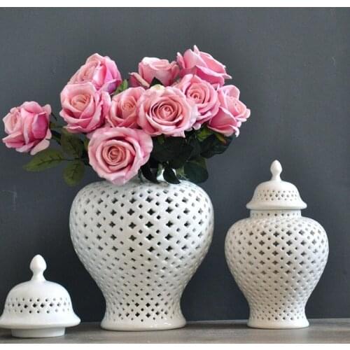 White Ceramic Ginger Jar Vase Ornament Fashion Home Decoration Craft Decoration Hollow Vase Home Craft Gift NJ80305