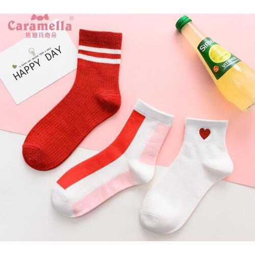 Caramella 3Pairs/Lot Brand Women Socks New Arrival Comfortable Striped Cute Cotton Long Socks Casual Red Heart Girl Socks 35-40