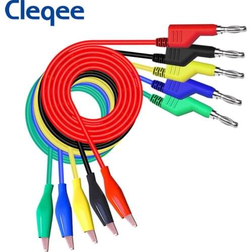Cleqee P1044 5PCS 4mm Stackable Banana Plug To Copper Alligator Clip Test Lead kit Durable Test Cable for Multimeter 1M