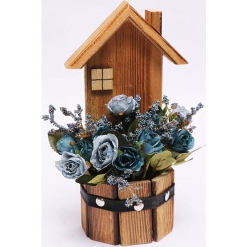Wooden House Simulation Rose Bonsai Exquisite Wall Hanging Easy to Maintain Portable Artificial Potted Plant Wedding Decoration