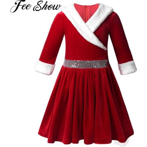 Kids Girls Christmas Dress Children Xmas Party Long Sleeve Dresses Velvet Figure Ice Skating Roller Skating Baton Twirling Dress